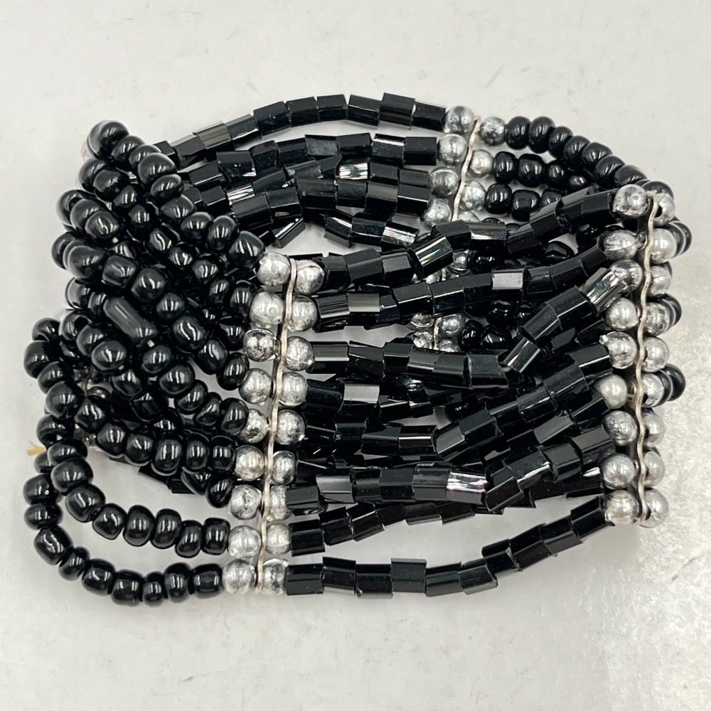 Vintage Multi-Strand Black Seed & Bugle Bead Stretch Cuff Bracelet Silver Accent